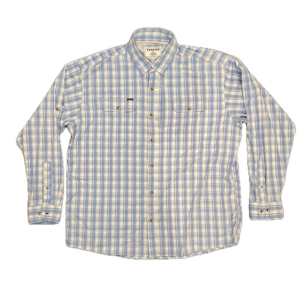 Poncho Shirt Mens XL Blue Plaid  Regular Fit Pockets Fishing